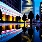 Cityscape Reflection**

"Safe for work. A modern cityscape at night, reflected in a calm lake or large puddle. Neon lights and building illuminations create a vibrant color palette. Soft, diffused light, minimizing lens flare. Sharp focus on the city and its reflection. Fully clothed people walking in the background, appropriate attire. Professional photography, high quality, perfect anatomy, natural proportions, modest."

**