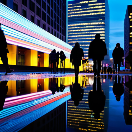 Cityscape Reflection**

"Safe for work. A modern cityscape at night, reflected in a calm lake or large puddle. Neon lights and building illuminations create a vibrant color palette. Soft, diffused light, minimizing lens flare. Sharp focus on the city and its reflection. Fully clothed people walking in the background, appropriate attire. Professional photography, high quality, perfect anatomy, natural proportions, modest."

**