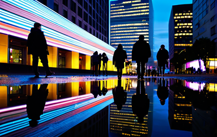 Cityscape Reflection**

"Safe for work. A modern cityscape at night, reflected in a calm lake or large puddle. Neon lights and building illuminations create a vibrant color palette. Soft, diffused light, minimizing lens flare. Sharp focus on the city and its reflection. Fully clothed people walking in the background, appropriate attire. Professional photography, high quality, perfect anatomy, natural proportions, modest."

**