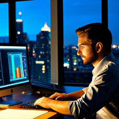 Late Night Hustle**

"A professional programmer, focused and determined, working late at night in a modern office. The desk is illuminated by a computer screen, casting a warm glow. The cityscape is visible through the window. Fully clothed in appropriate, modest office attire. Safe for work, perfect anatomy, correct proportions, natural pose, high quality, professional photography, appropriate content, family-friendly."

**
