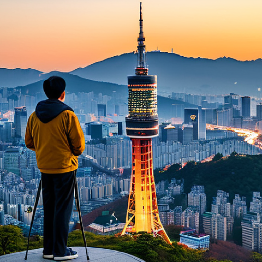 남산타워 야경 촬영 - Namsan Tower Golden Hour**
"Namsan Tower at golden hour, city lights twinkling below, a photographe...