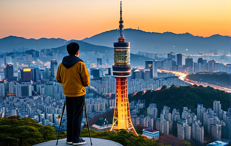 남산타워 야경 촬영 - Namsan Tower Golden Hour**

"Namsan Tower at golden hour, city lights twinkling below, a photographe...