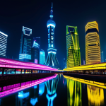 야경과 건축미학 - **Prompt:** A hyperrealistic, wide-angle shot of a futuristic cityscape at night, reminiscent of Sha...