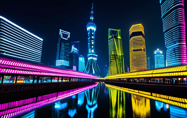 야경과 건축미학 - **Prompt:** A hyperrealistic, wide-angle shot of a futuristic cityscape at night, reminiscent of Sha...